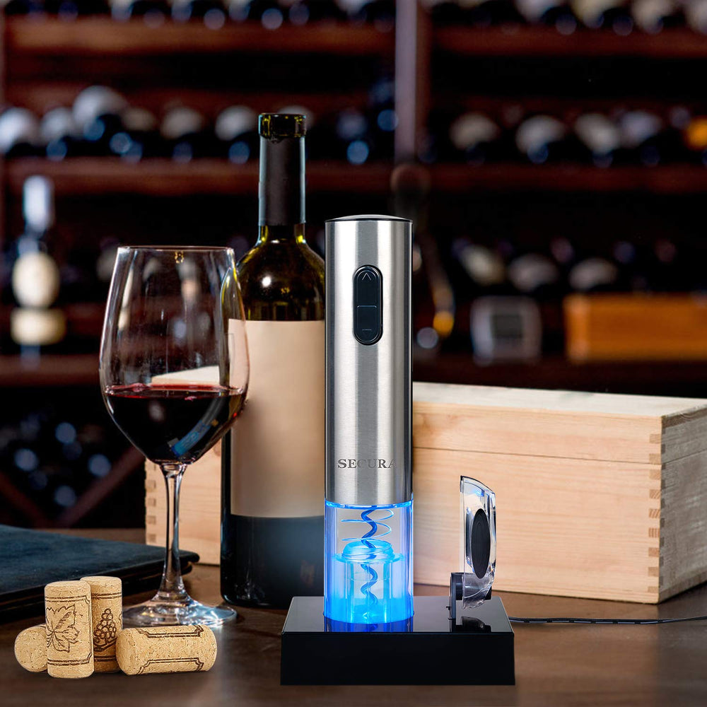 Secura opener in use removing cork from bottle to save time and reduce wrist strain