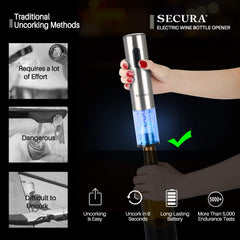 Secura transparent mechanism close-up displaying corkscrew action for precise cork removal