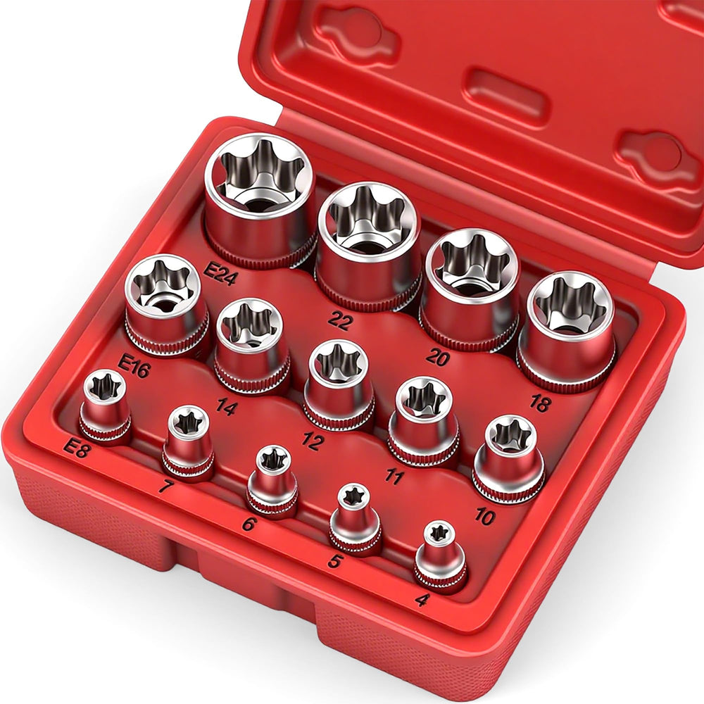 SEDY vista frontal del estuche rojo con 14 vasos E-TORX, organización rápida