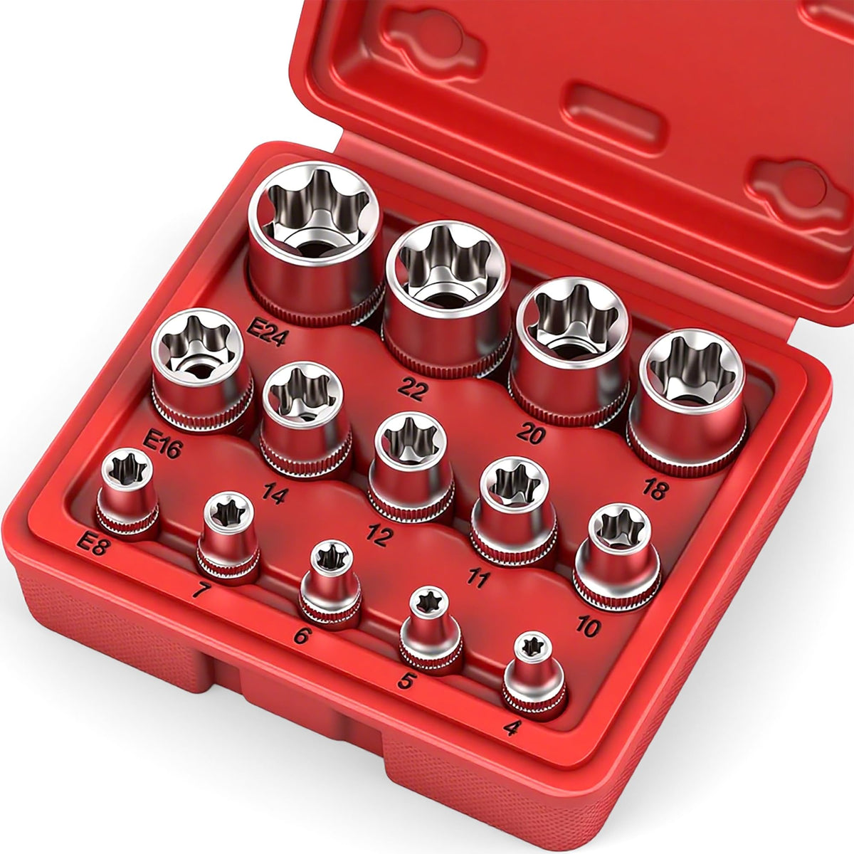 SEDY vista frontal del estuche rojo con 14 vasos E-TORX, organización rápida