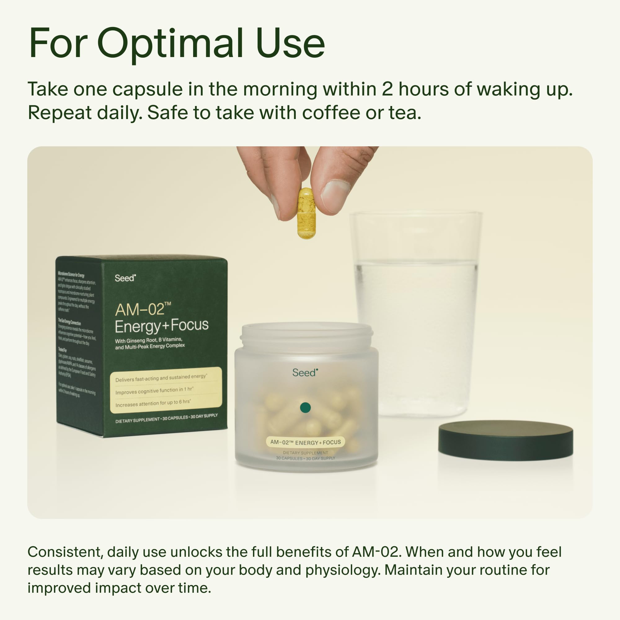 Seed AM-02 etiqueta con lista de ingredientes y pruebas de terceros visibles