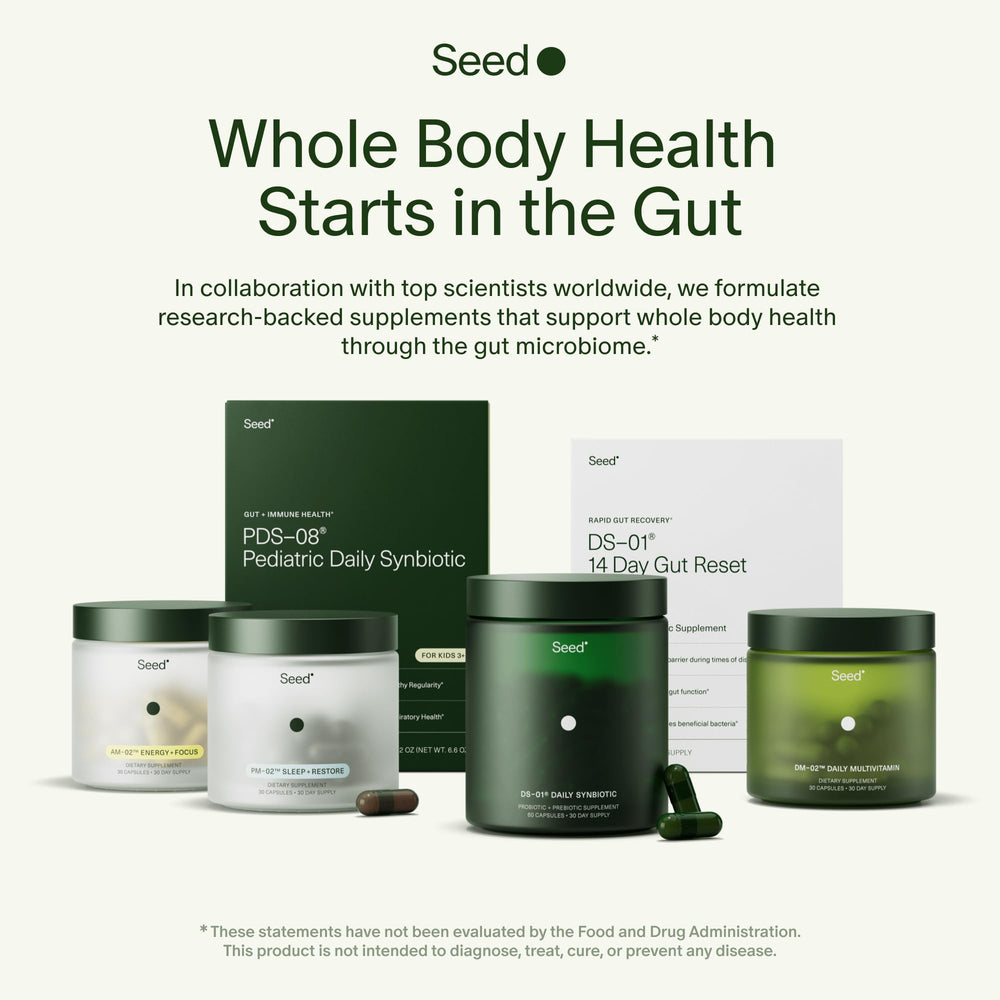 Seed etiqueta con lista de ingredientes y beneficios clave visibles