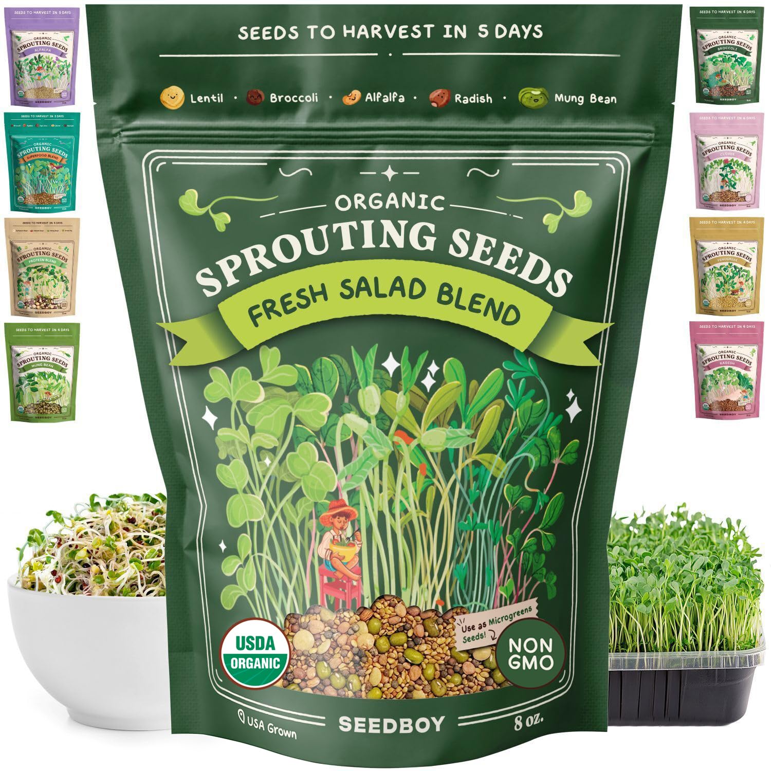 Seedboy empaque frontal mostrando mezcla orgánica y beneficios frescura