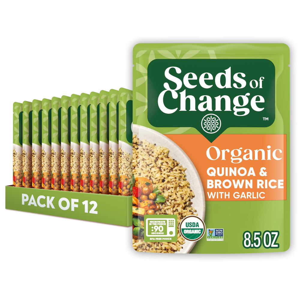 SEEDS OF CHANGE frente del paquete mostrando marca y mezcla lista para cocinar