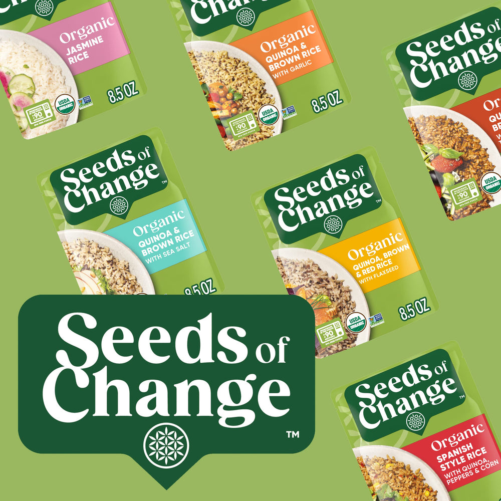 SEEDS OF CHANGE presentación en mesa familiar mostrando conveniencia del pack