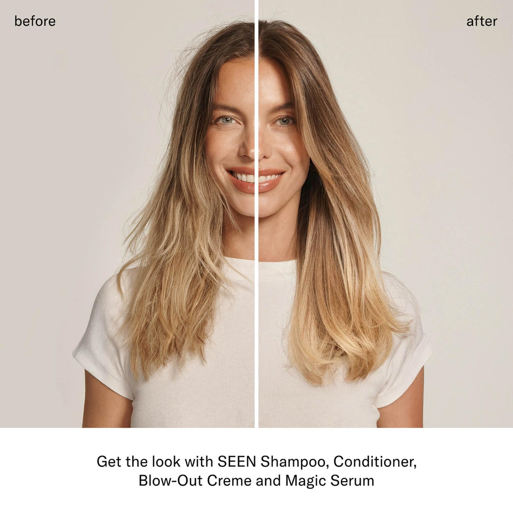 SEEN Blow-Out Creme en uso con cepillo y secador para mejorar cuerpo y brillo