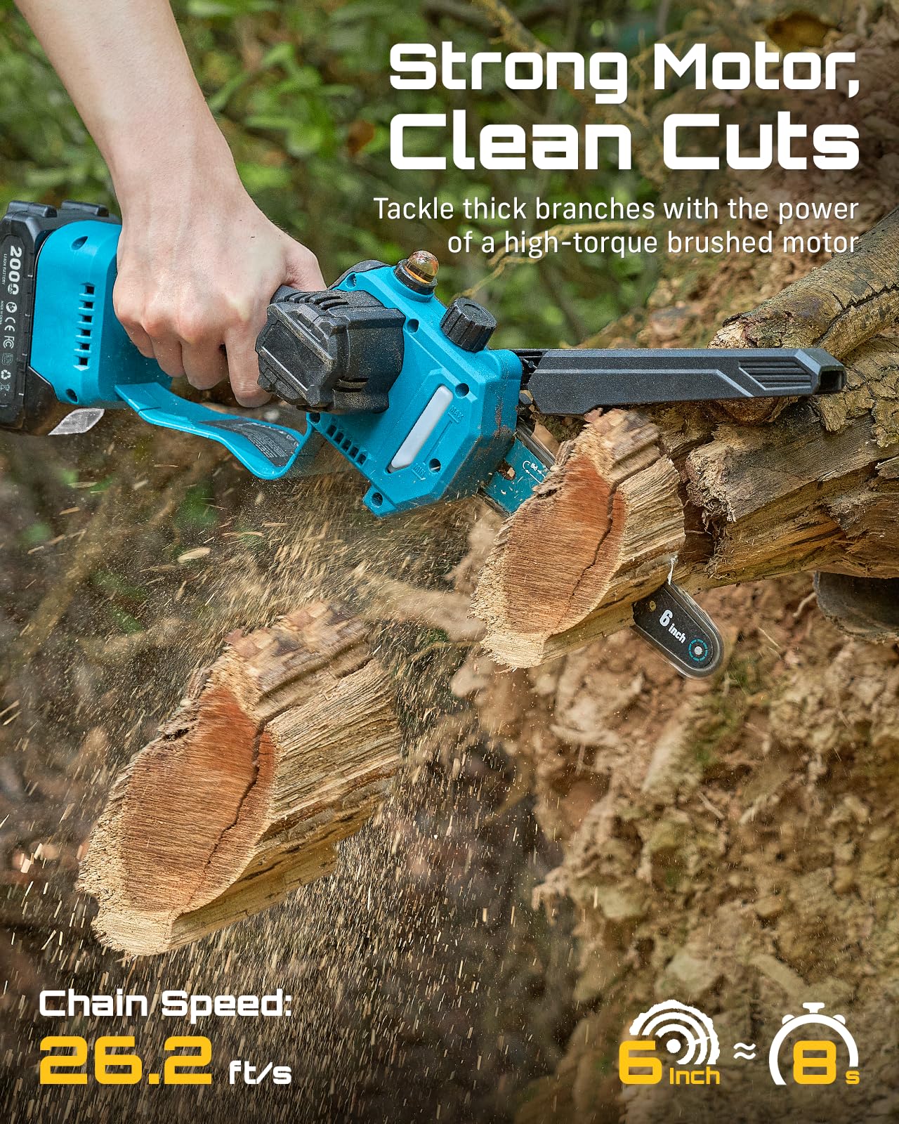 Seesii chain close-up showing 6-inch bar and automatic oiling for smoother, longer cuts