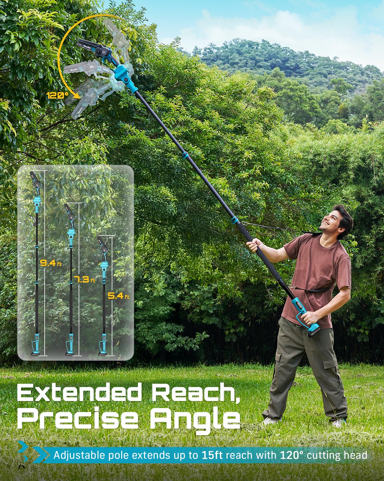 Seesii extended pole fully assembled showing ladder-free reach and safer overhead pruning