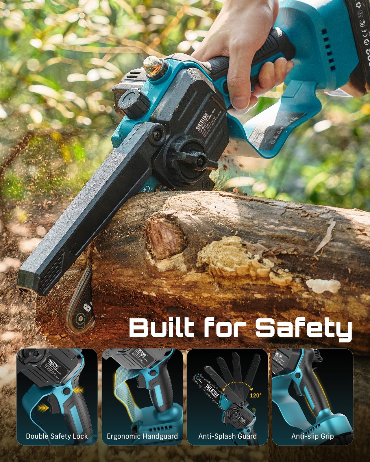 Seesii in-use garden setting showing safe branch trimming without a ladder and reduced fatigue