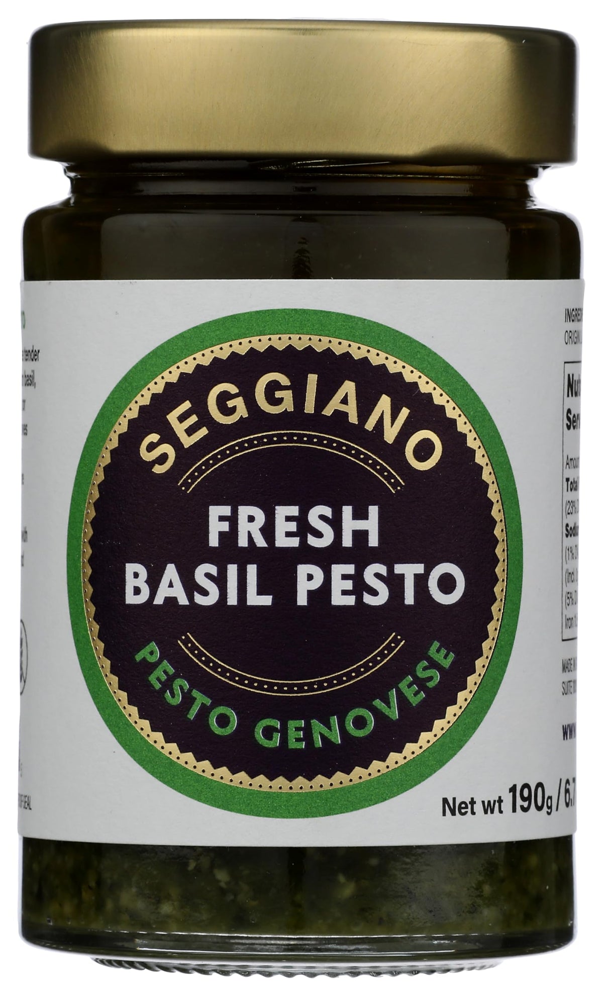 Seggiano pesto albahaca frente mostrando etiqueta y textura cremosa para cocinar