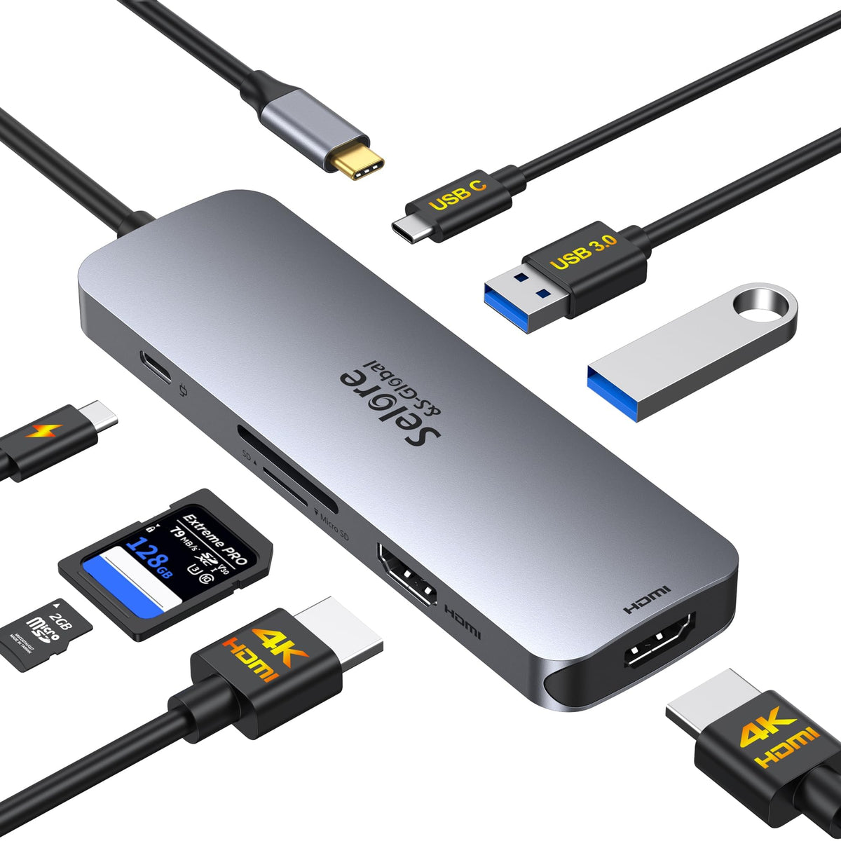 Selore&S-Global vista frontal del docking mostrando salidas HDMI y puertos
