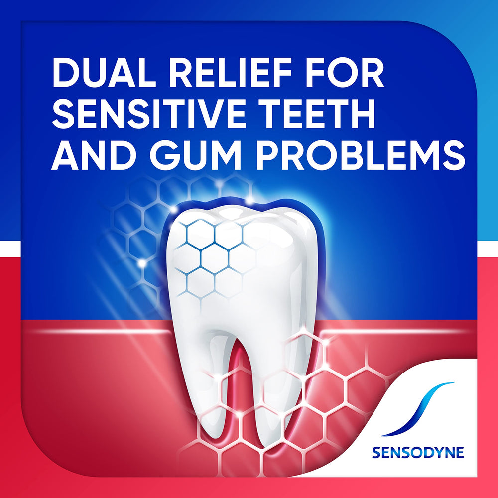 Sensodyne etiqueta con instrucciones y detalles de beneficios clínicos