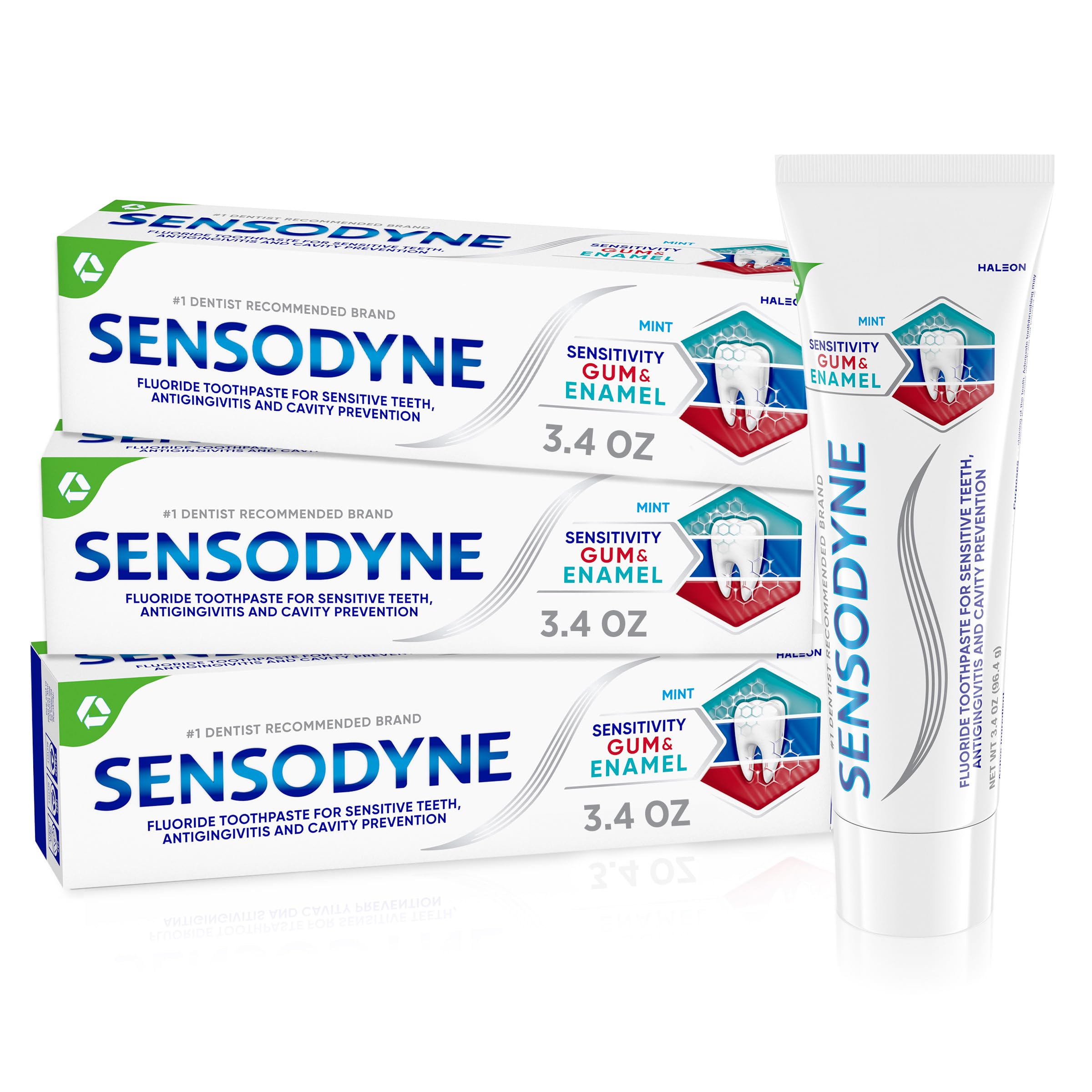 Sensodyne frente del empaque mostrando los tres tubos y beneficio de protección