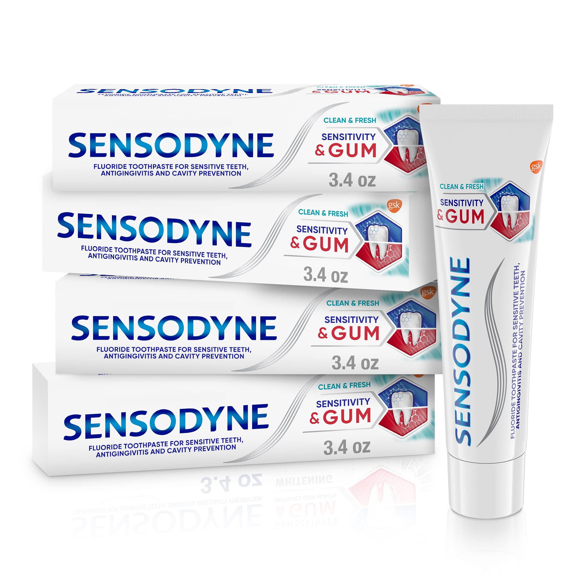 Sensodyne pack frontal mostrando los cuatro tubos y beneficio de alivio