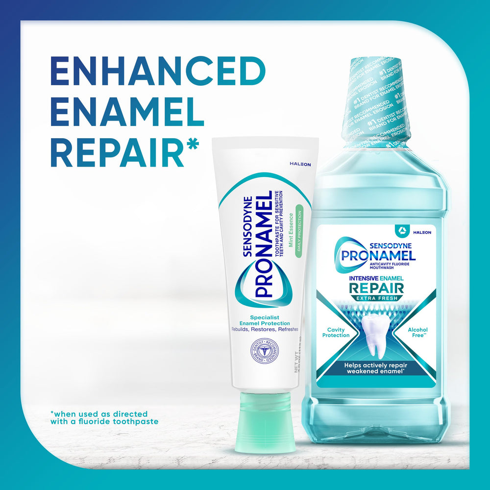 Sensodyne Pronamel tubo sostenido en mano, conveniente para llevar y usar fuera