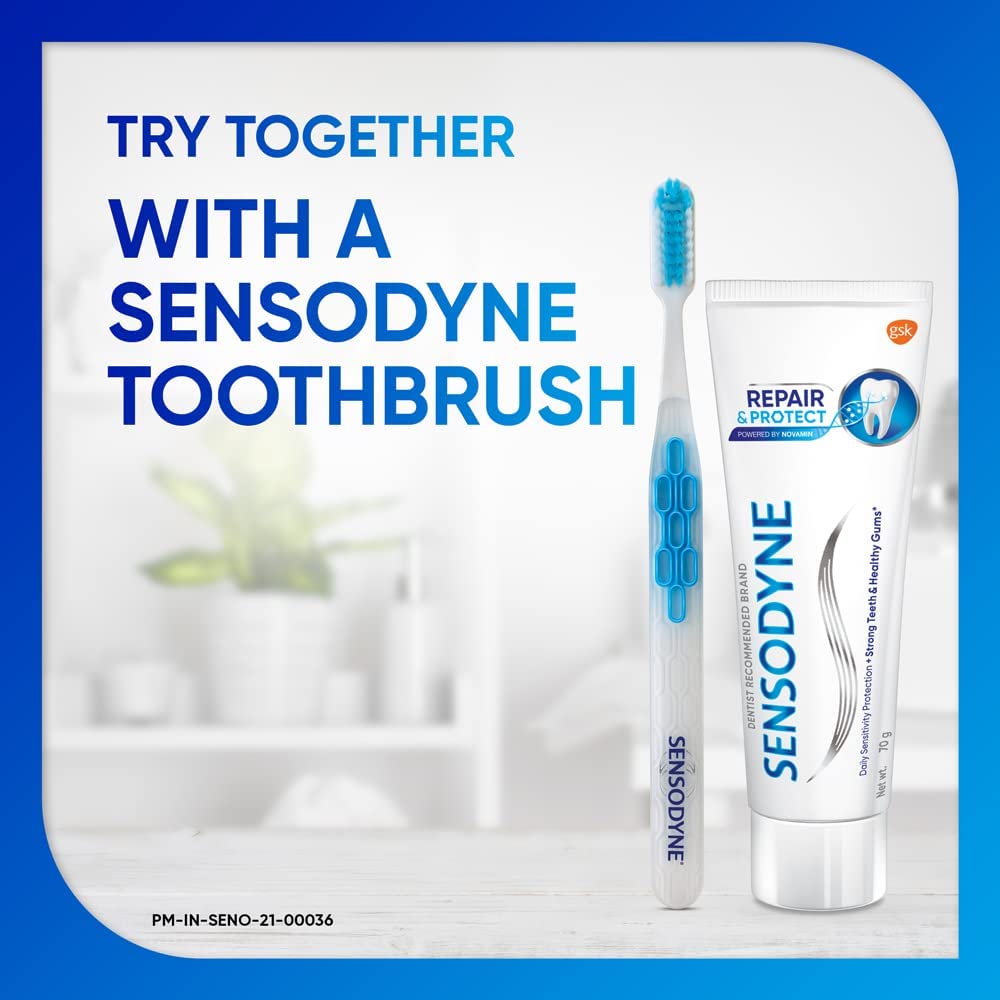 Sensodyne Repair & Protect pack de cuatro tubos mostrando duración y ahorro