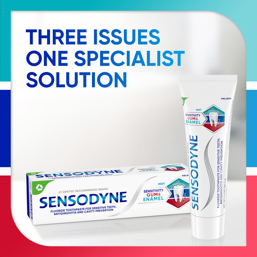 Tres tubos de Sensodyne alineados que representan suministro prolongado