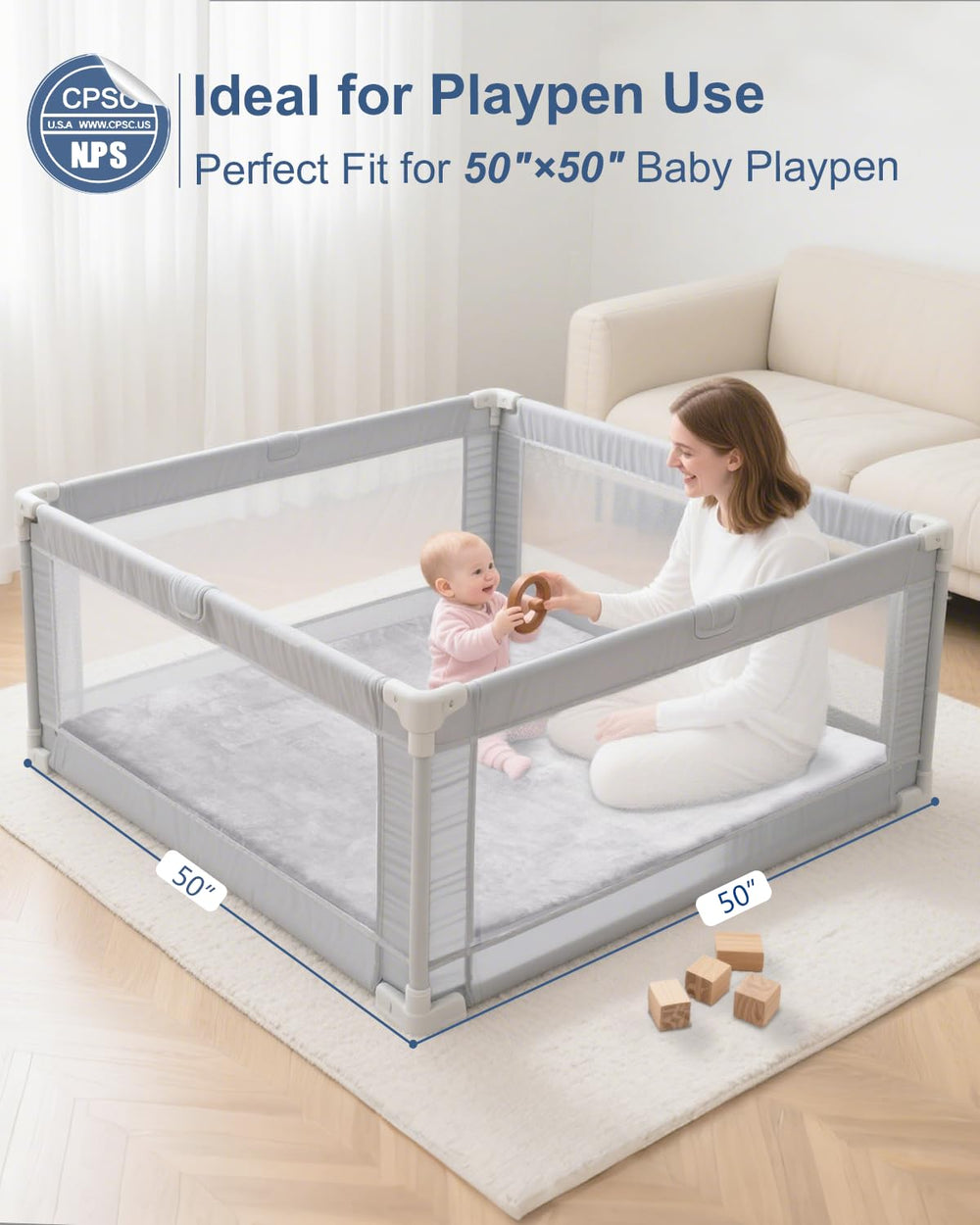 SEPARO comparación de tamaño mostrando claramente las 50x50 pulgadas ideal para corralitos