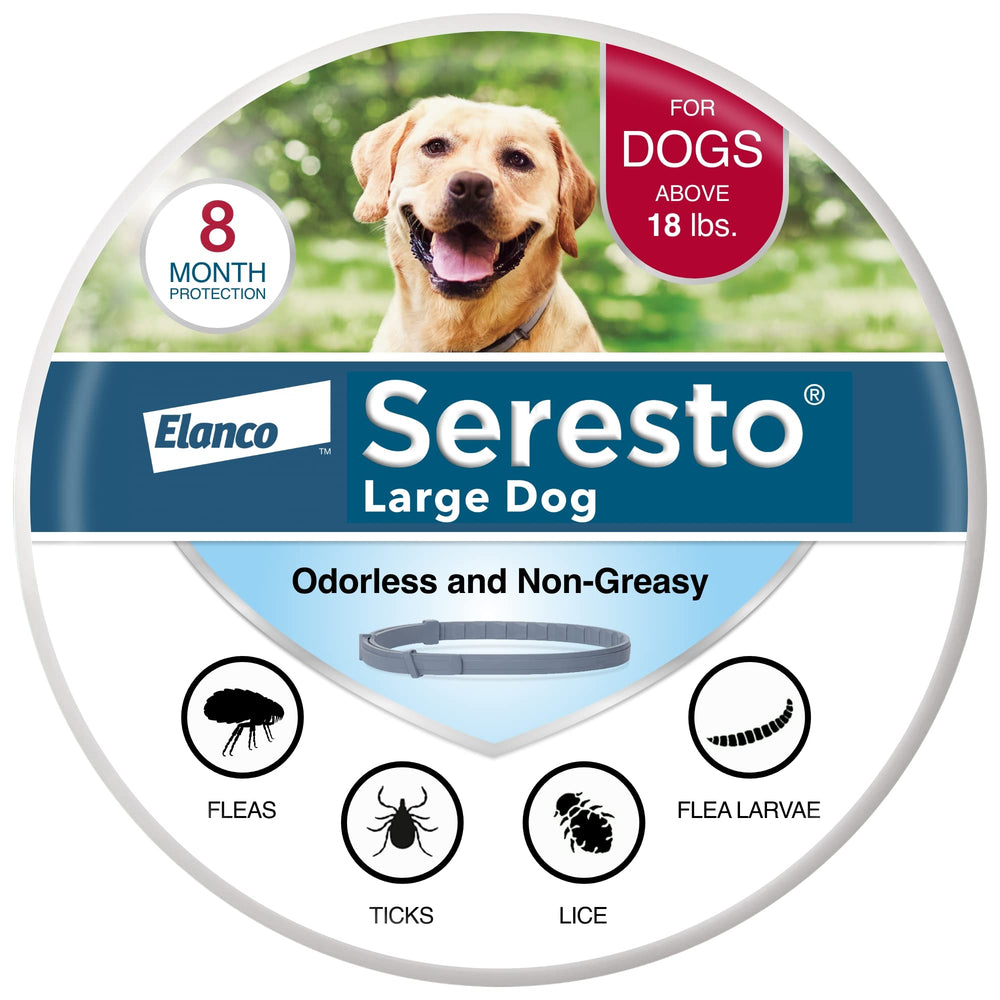 Seresto collar en empaque frontal mostrando marca y beneficio de protección prolongada