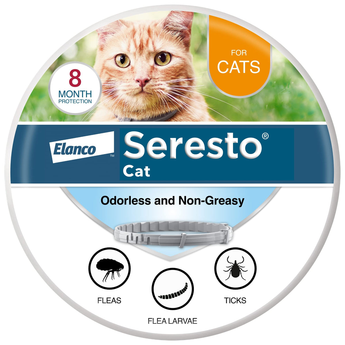 Seresto collar gato frontal mostrando diseño y duración ocho meses