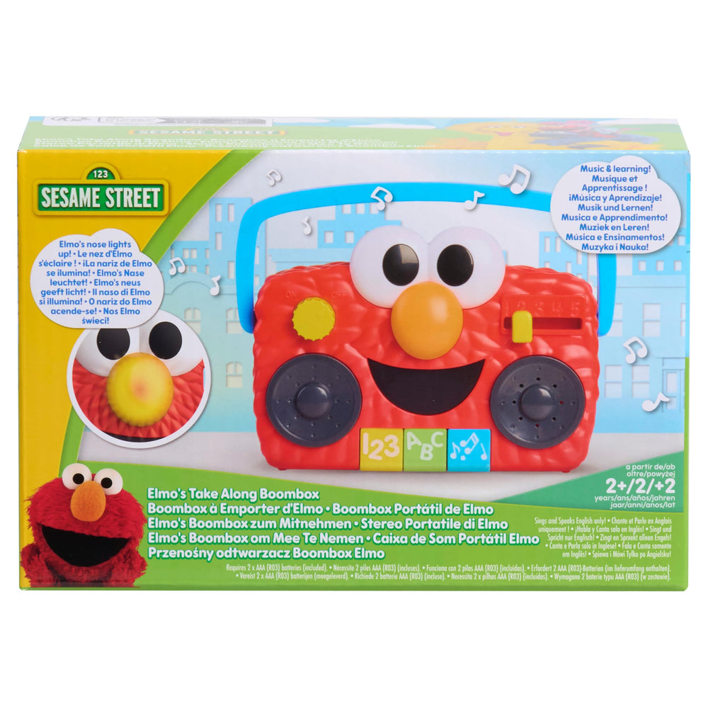 Sesame Street Elmo boombox en ambiente de juego inspirando canto y baile