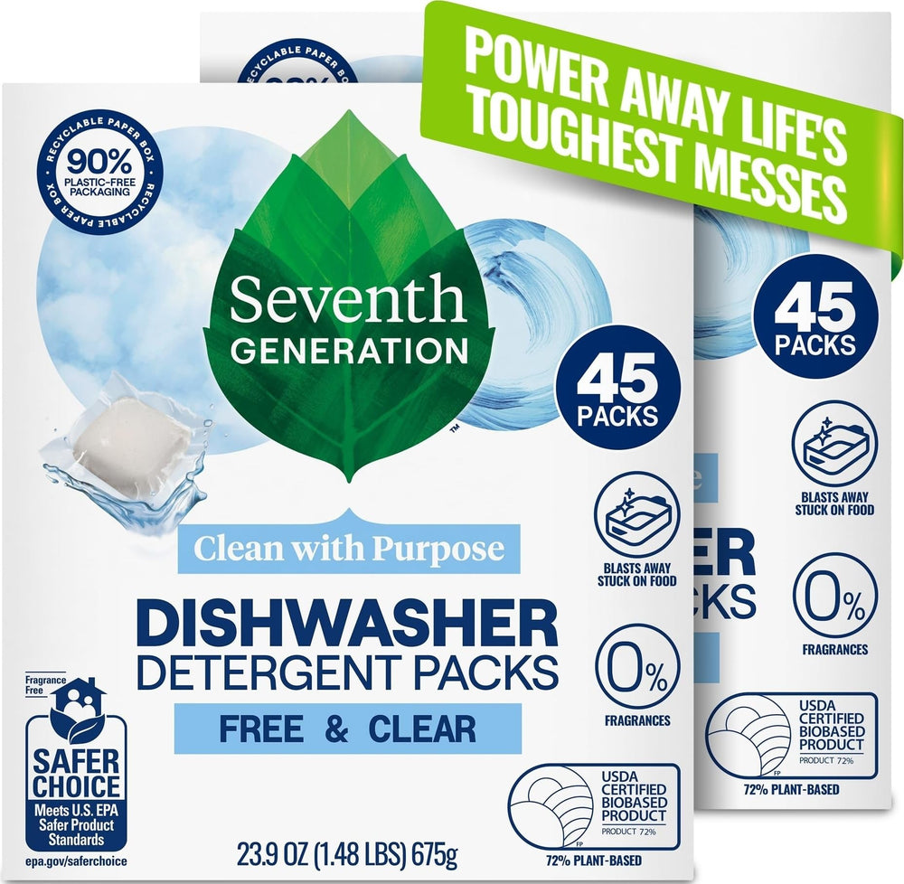 Seventh Generation empaque frontal mostrando 45 packs y sello libre de fragancia