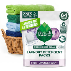 Seventh Generation frente del empaque mostrando 64 cápsulas y beneficios ecológicos
