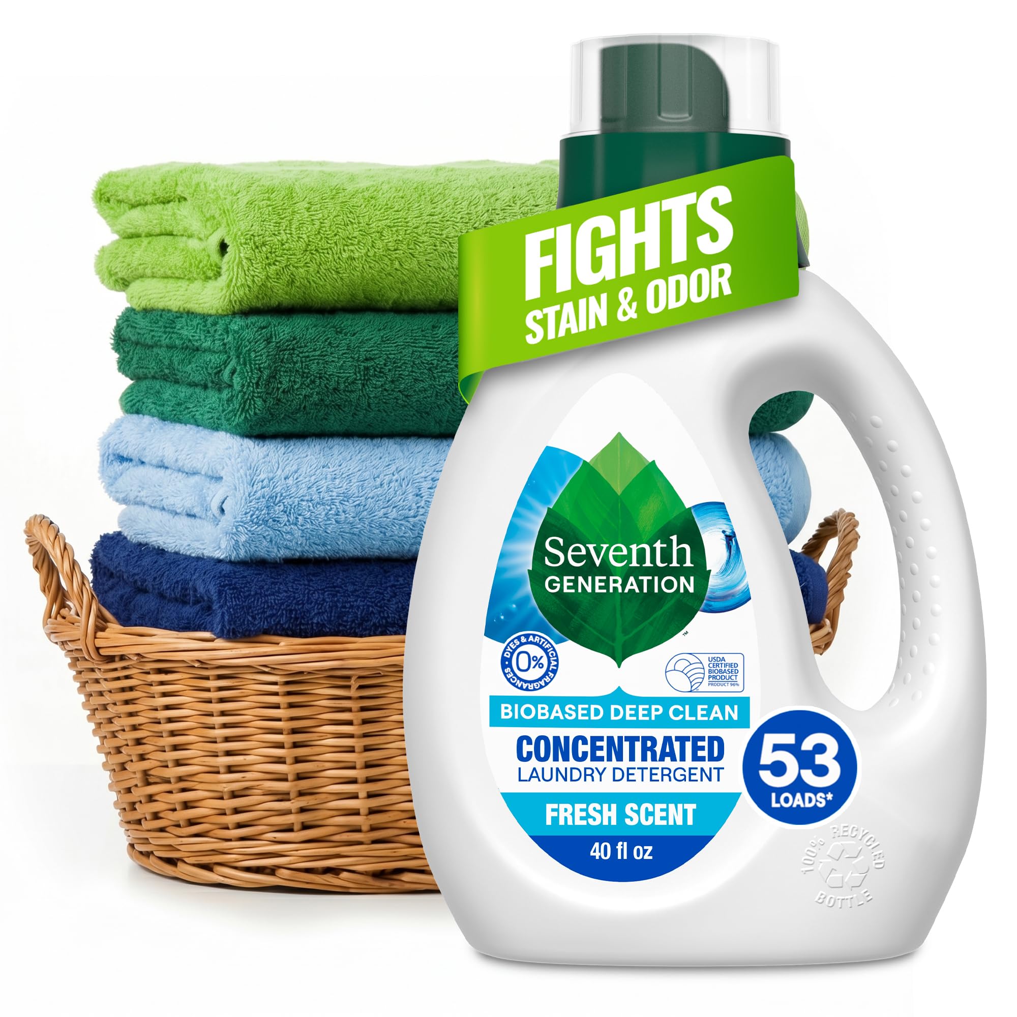 Seventh Generation frente del envase mostrando etiqueta y beneficio de lavado