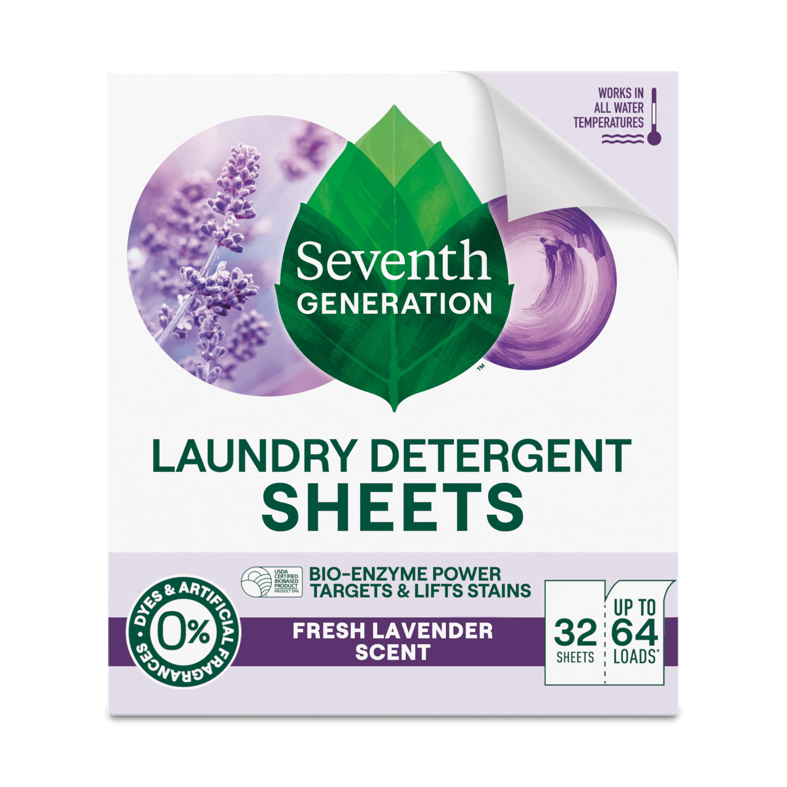 Seventh Generation envase frontal mostrando cantidad y aroma lavanda, conveniente y claro