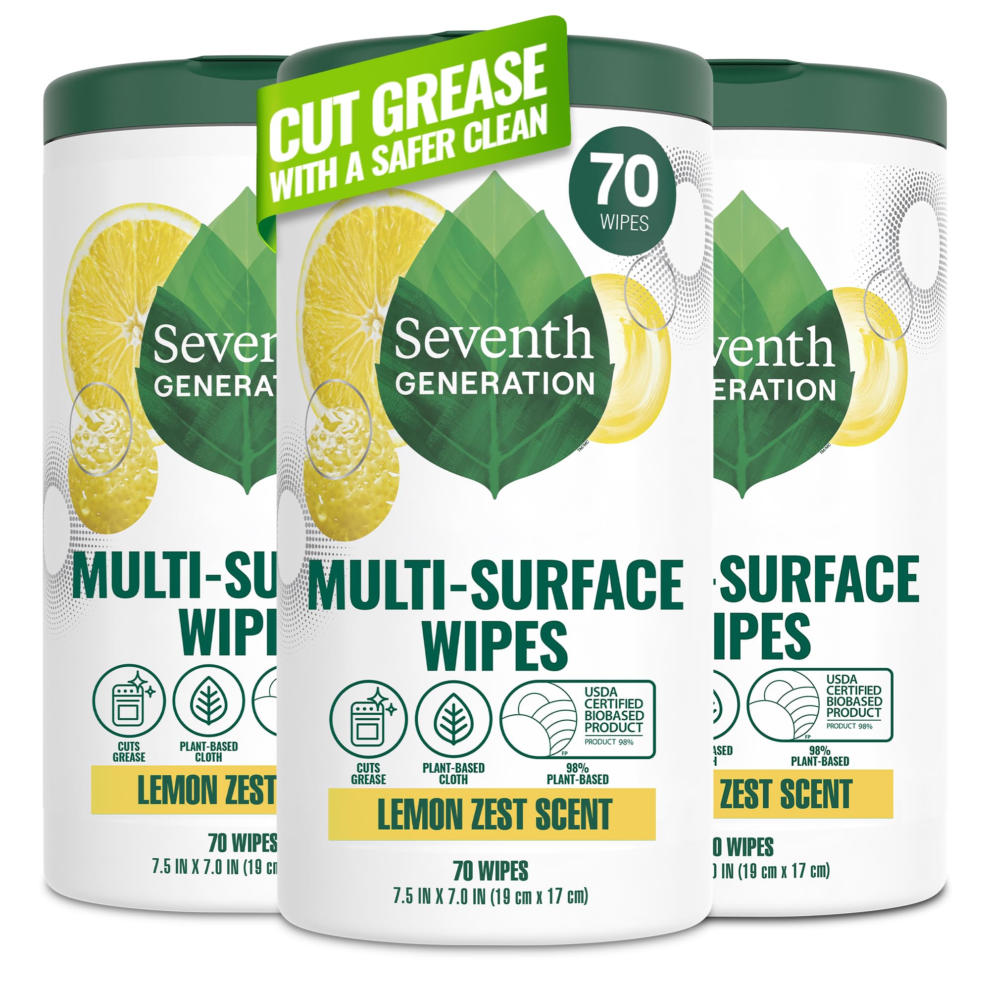 Seventh Generation frente del paquete mostrando cantidad y aroma limón