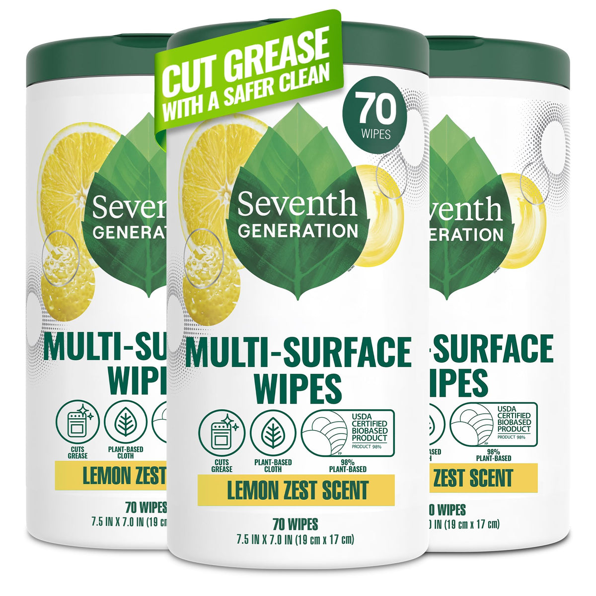 Seventh Generation frente del paquete mostrando cantidad y aroma limón