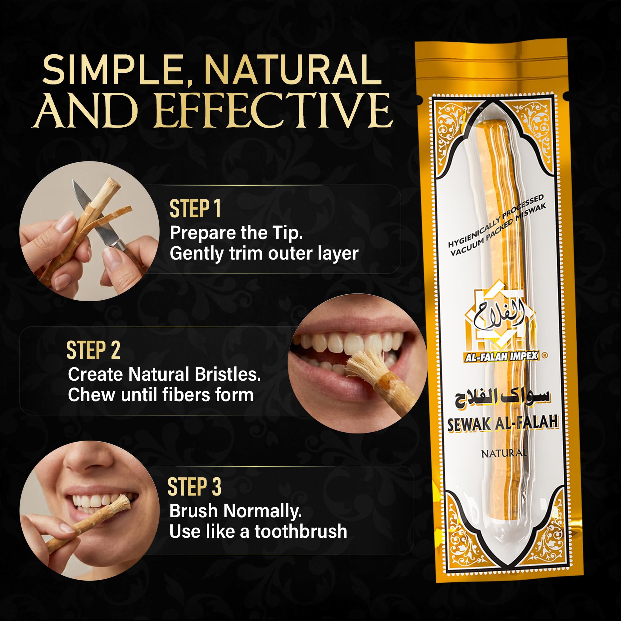 SEWAK AL-FALAH miswak en envase al vacío que garantiza frescura y protección prolongada