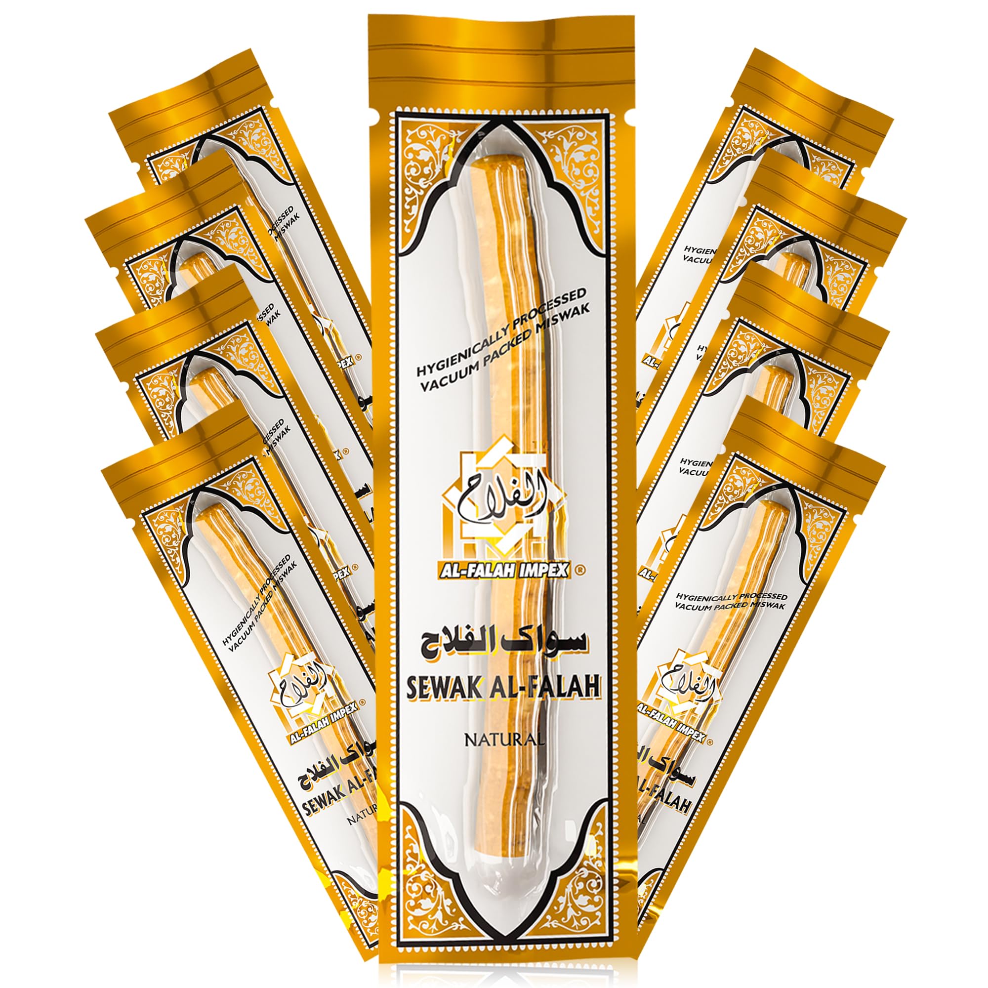 SEWAK AL-FALAH mano sosteniendo un palo miswak listo para usar, portátil y práctico