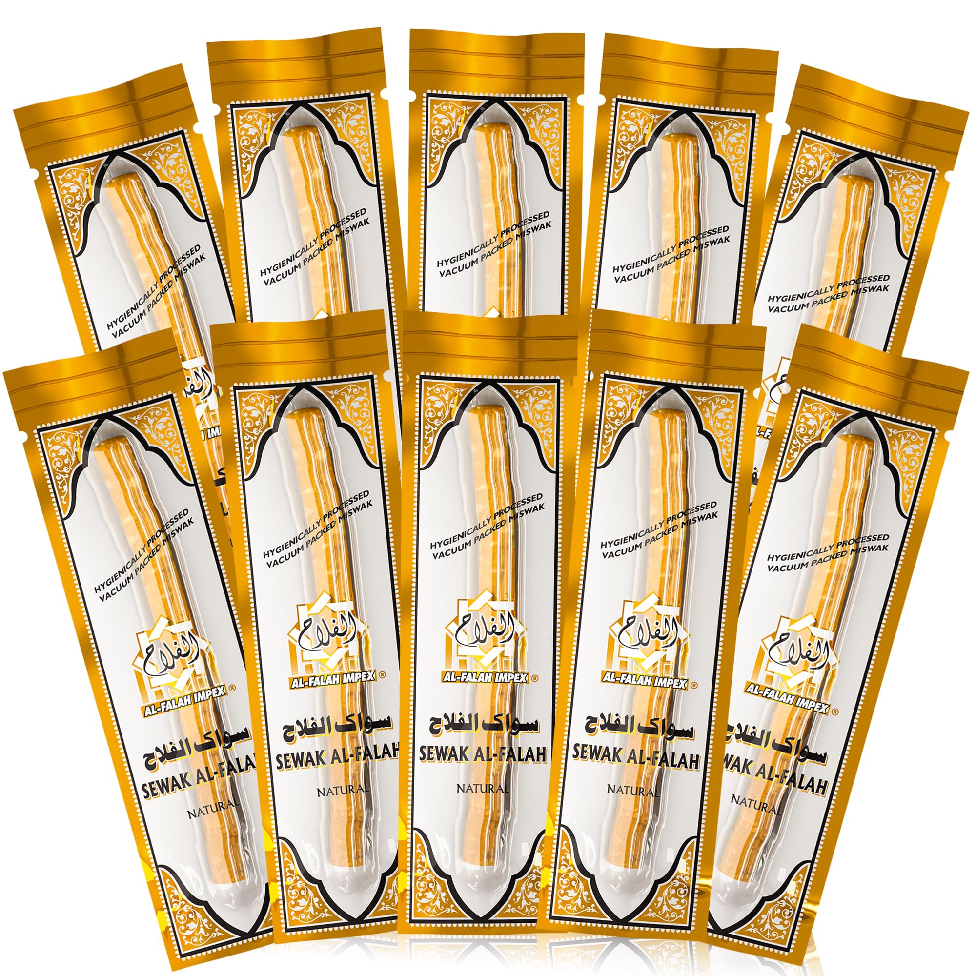 SEWAK AL-FALAH paquete frontal mostrando 10 miswak y conveniencia de conservación