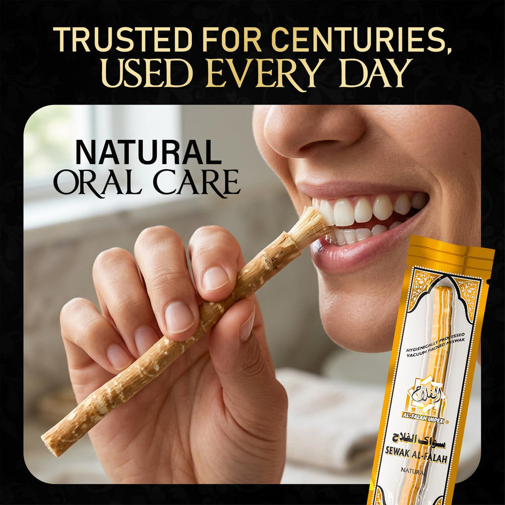 SEWAK AL-FALAH uso en baño con miswak durante rutina diaria, opción ecológica y simple