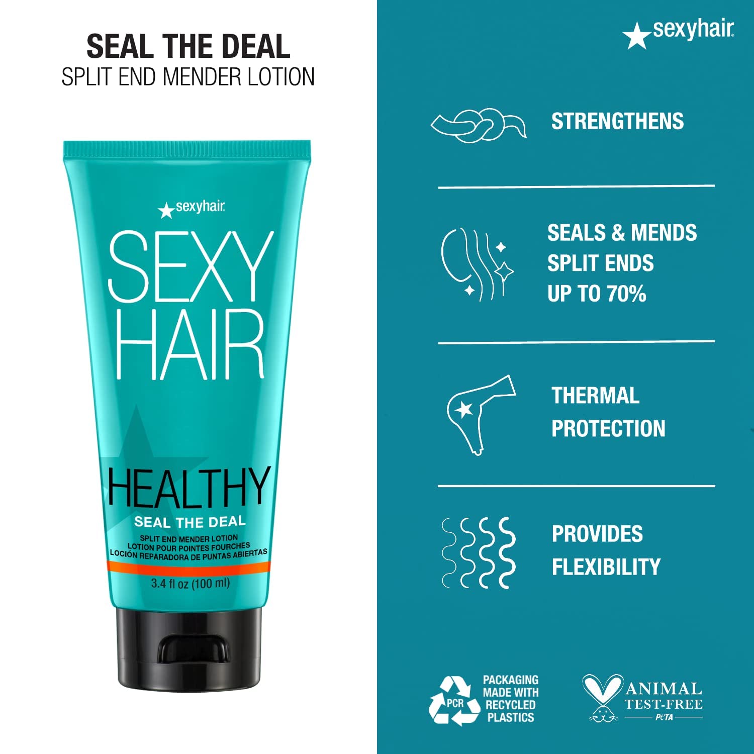 SexyHair aplicación en manos demostrando cómo sellar puntas y facilitar el peinado