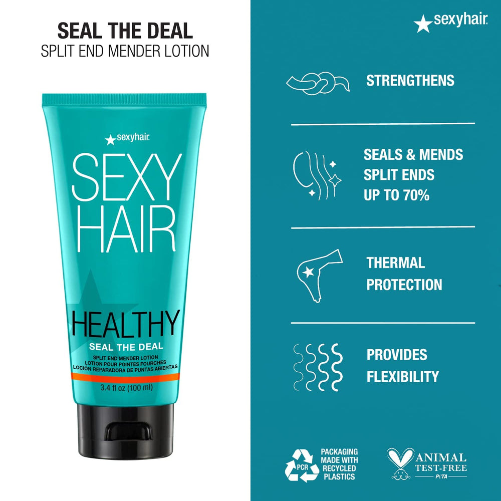 SexyHair aplicación en manos demostrando cómo sellar puntas y facilitar el peinado
