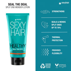 SexyHair aplicación en manos demostrando cómo sellar puntas y facilitar el peinado