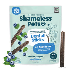 Shameless Pets empaque frontal mostrando 32 palitos y beneficio dental