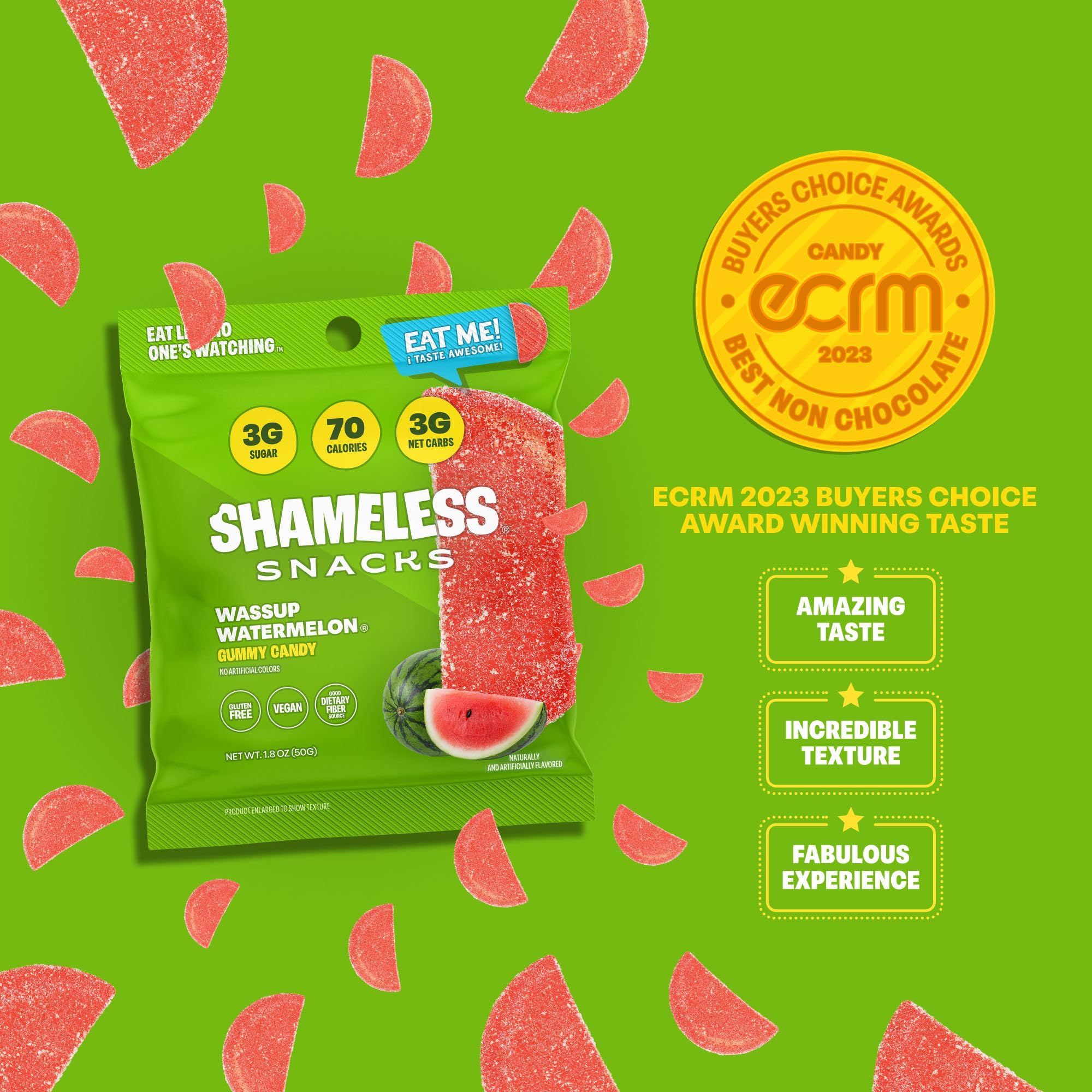 Hand holding Shameless watermelon gummies demonstrating portion control benefit