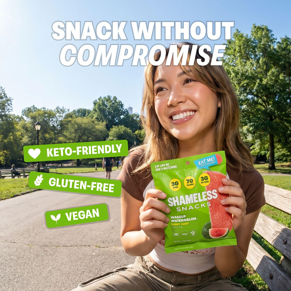 Single-serve bag next to common items showing Shameless portion-size benefit