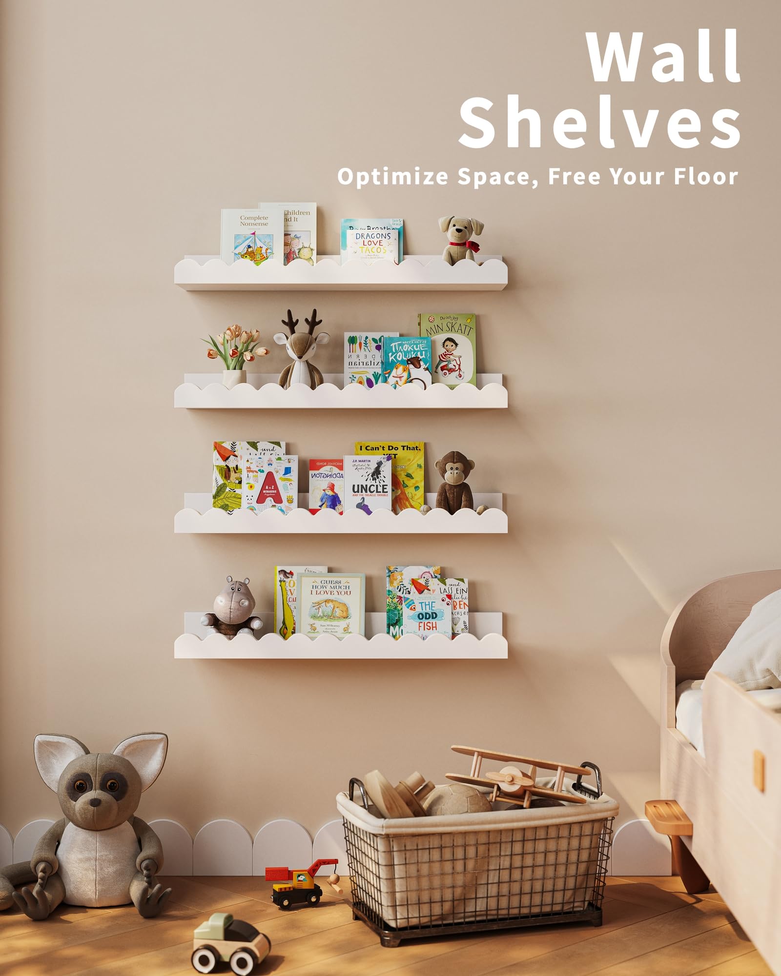 Shario estantería con juguetes y libros para mostrar escala y capacidad