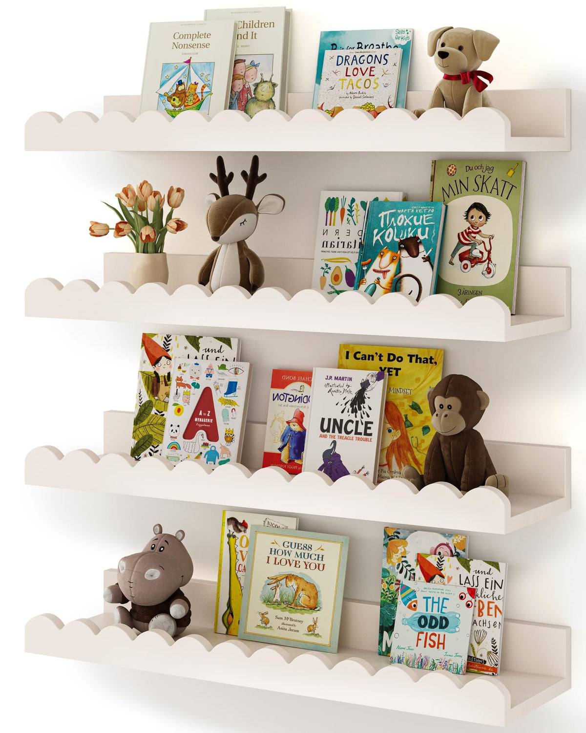 Shario estantería frontal pack de cuatro repisas blancas organizando libros