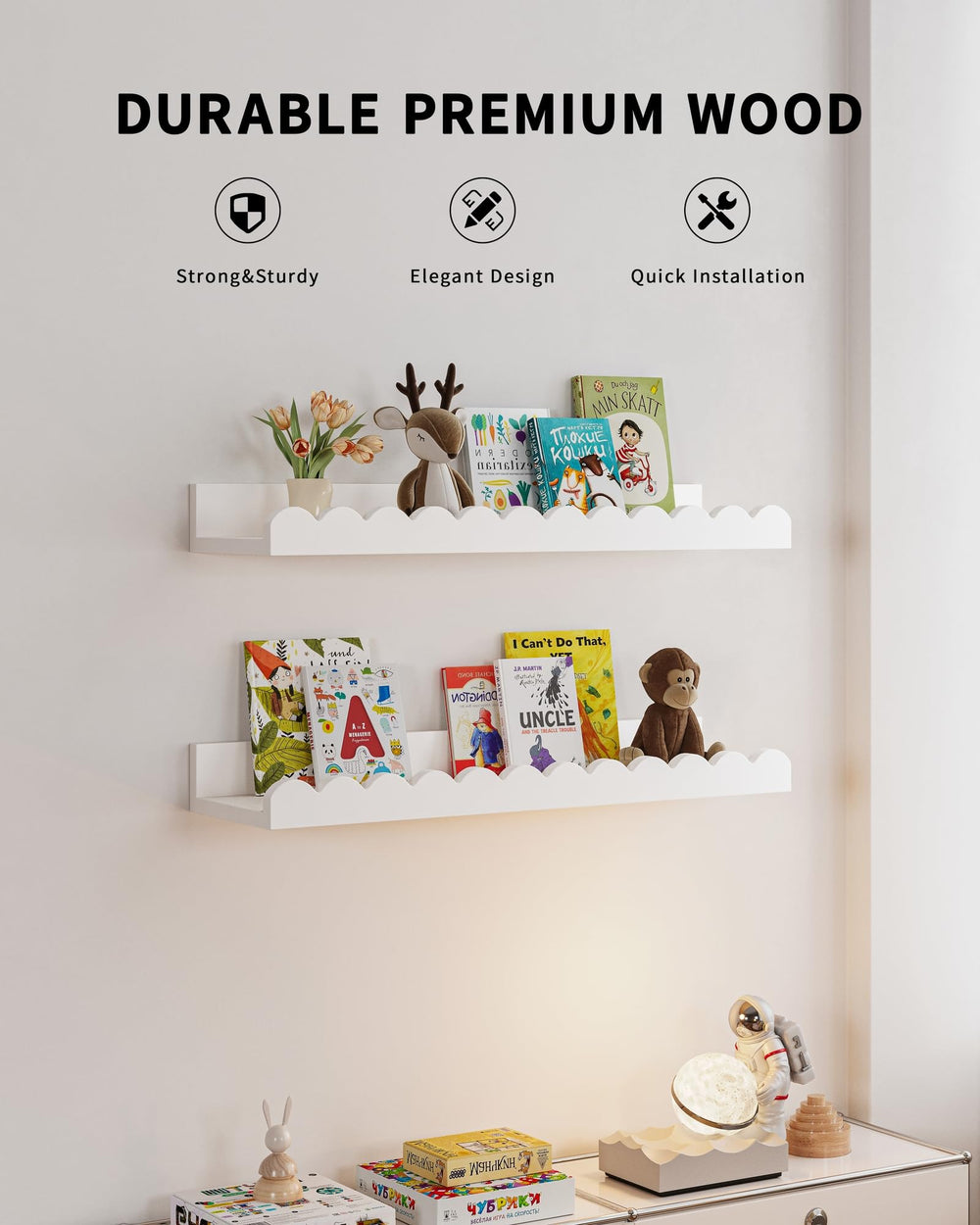 Shario estanterías instaladas en habitación infantil ahorro de espacio visible