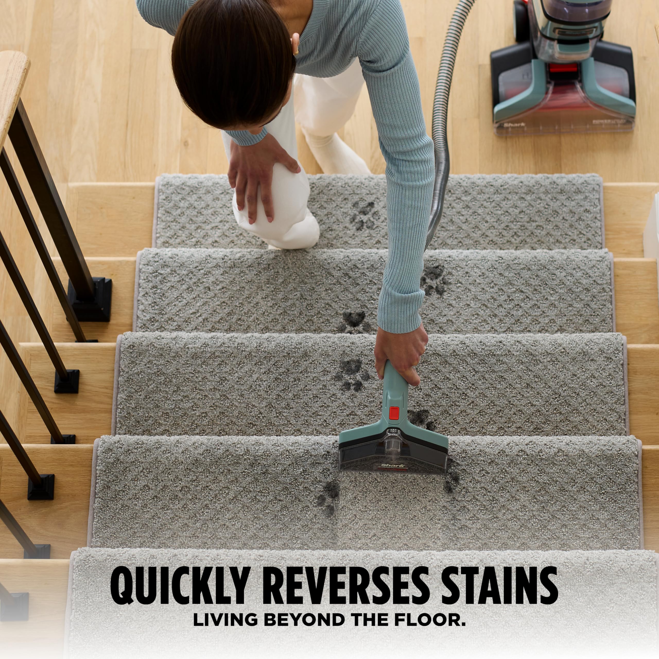 Shark CarpetXpert comparación de tamaño junto a una silla para escala y maniobrabilidad