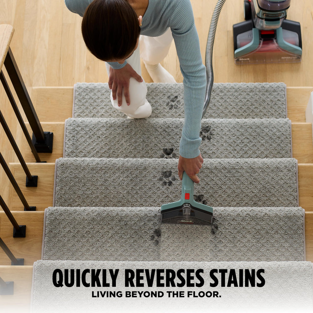 Shark CarpetXpert comparación de tamaño junto a una silla para escala y maniobrabilidad