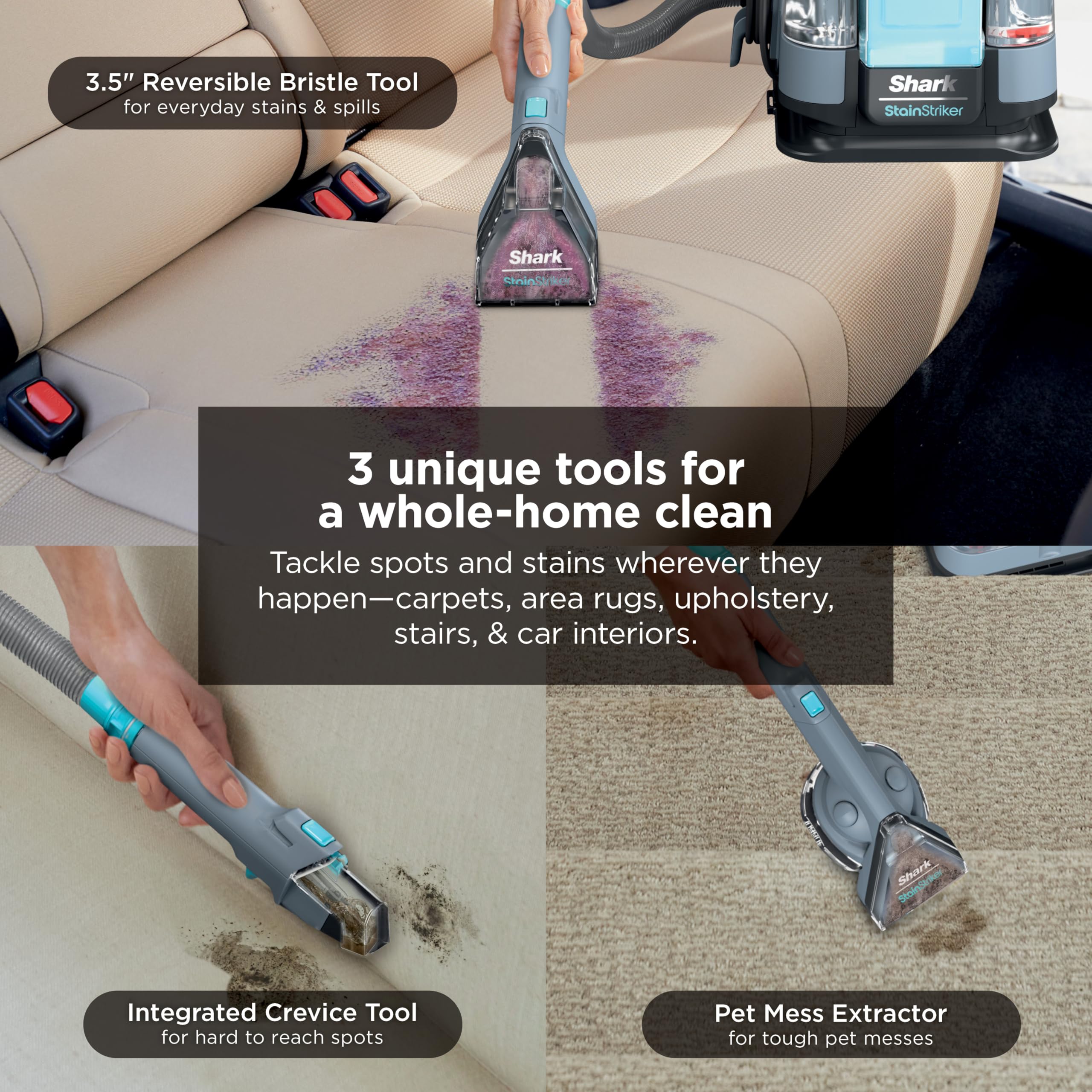 Shark StainStriker herramientas desplegadas para diferentes superficies