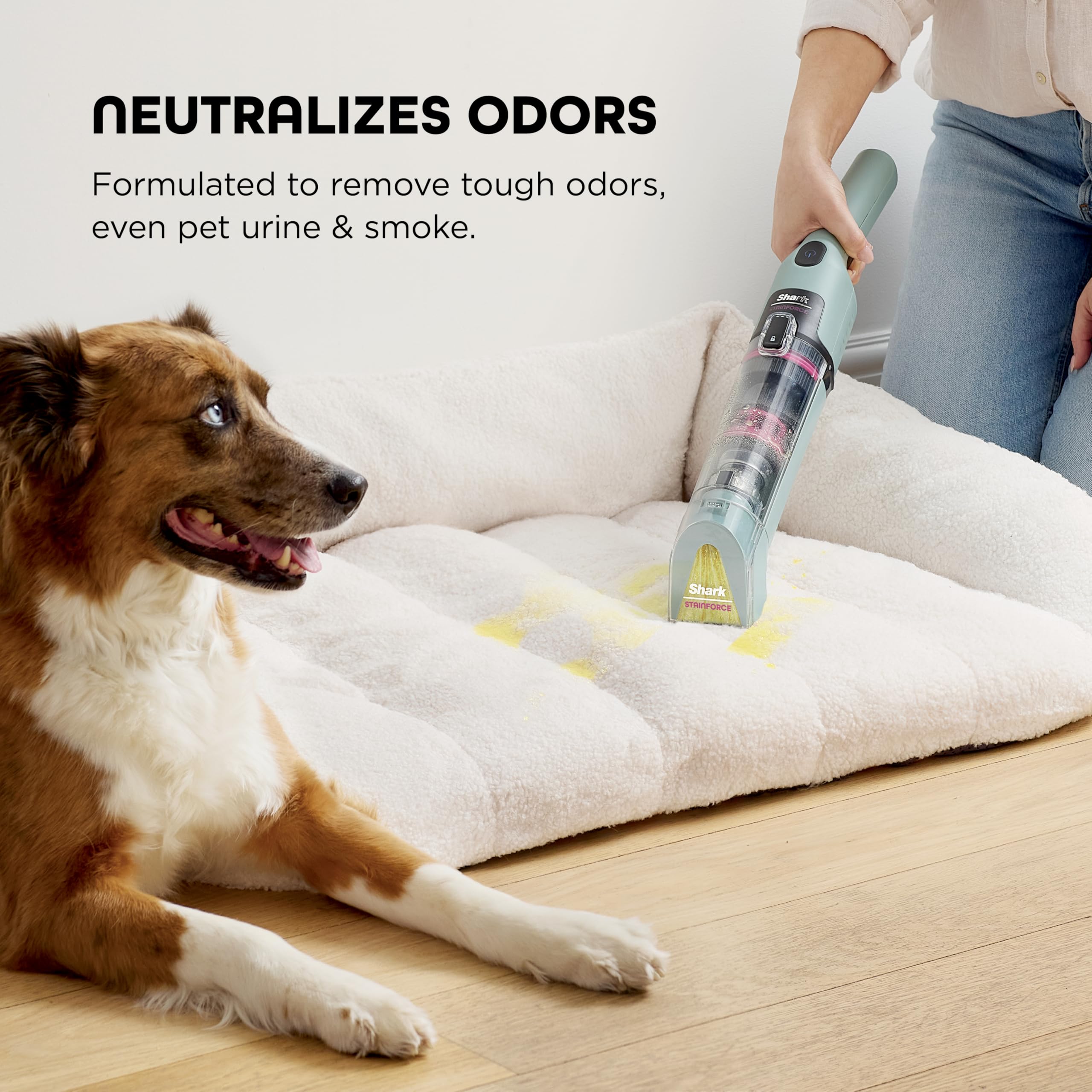 Shark cartridge in use on upholstery removes visible stain and reduces odor