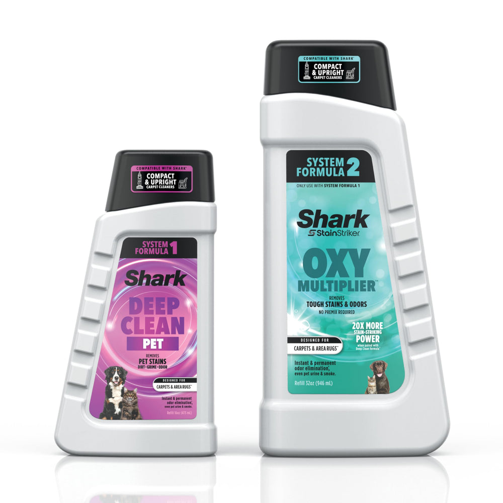Shark pack StainStriker frontal mostrando botellas y beneficios de limpieza