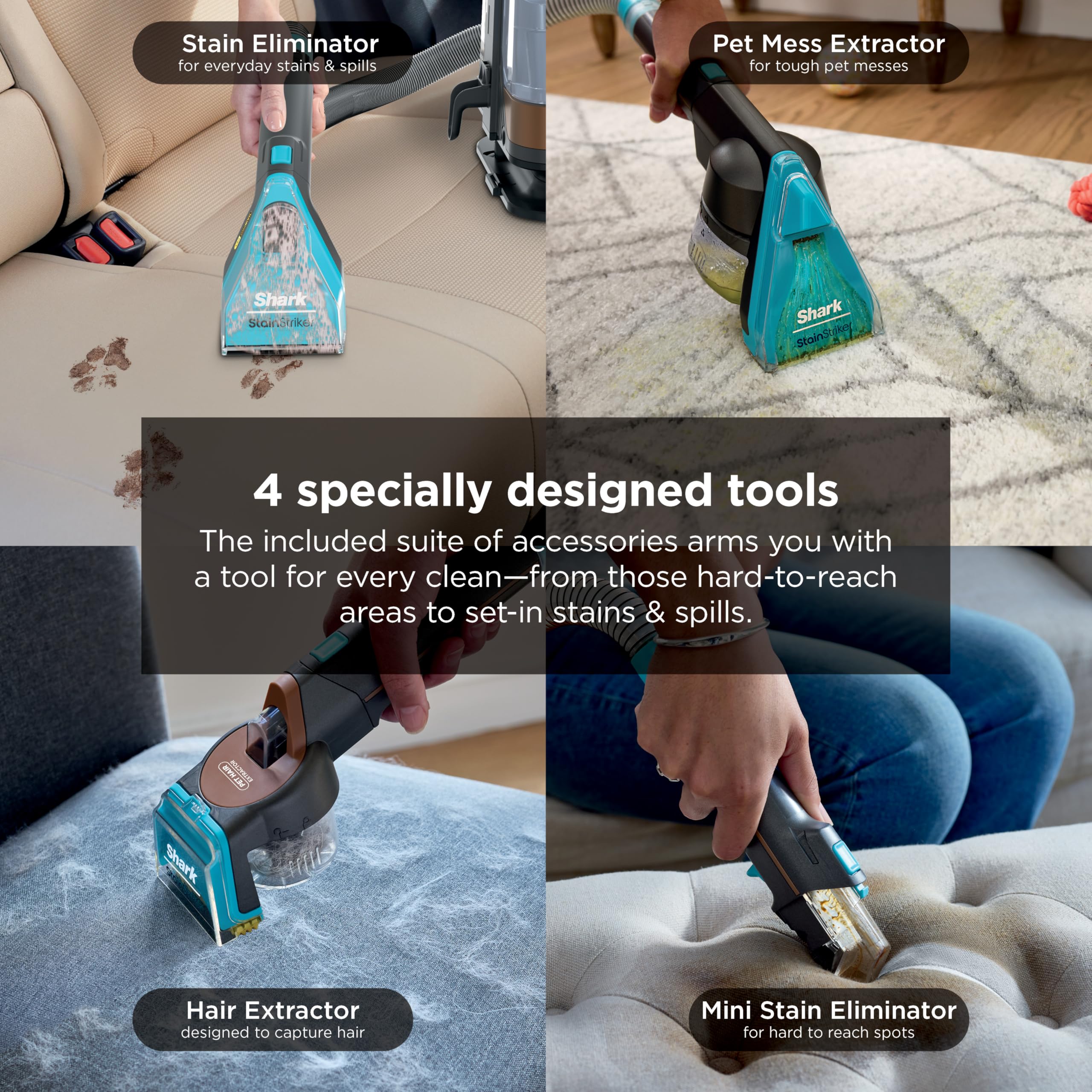 Shark StainStriker HairPro autolimpieza en acción que enjuaga manguera y piezas